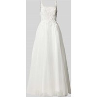 Unique Abendkleid mit Spitzen- und Paillettenbesatz in Offwhite, Größe 40 von Unique