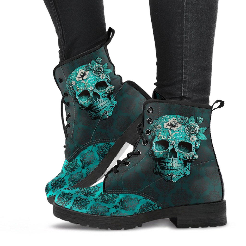 Frauen Lederstiefel Teal Skull , Veganes Leder, Stiefel Für Mädchen von UniqueAndComfy