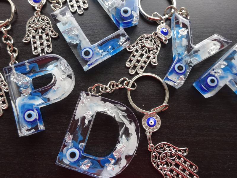 Evil Eye Buchstabe Schlüsselanhänger/Hamsa Schlüsselring Geschenkideen Kunsthandwerk Keychain Key Ring von UniqueArtByFelicia