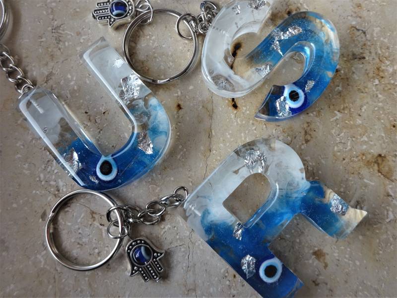 Evil Eye Buchstabe Schlüsselanhänger/Hamsa Schlüsselring Geschenkideen Kunsthandwerk Keychain Key Ring von UniqueArtByFelicia
