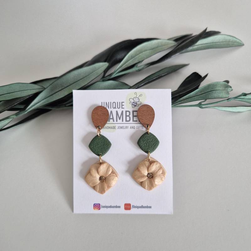 Ohrringe Aus Polymer Clay, Ohrstecker Edelstahl; Farbe Olivgrün/Champagne/Braun von UniqueBambee