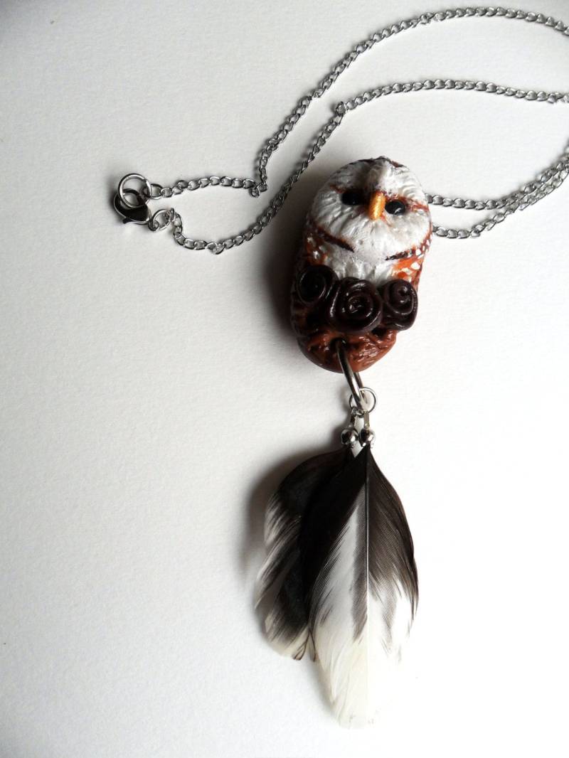 Schleiereule Geist Tier, Eule Totem Halskette, Polymer Clay Tier Ooak Anhänger, Talisman von UniqueBoutiqueJasmin