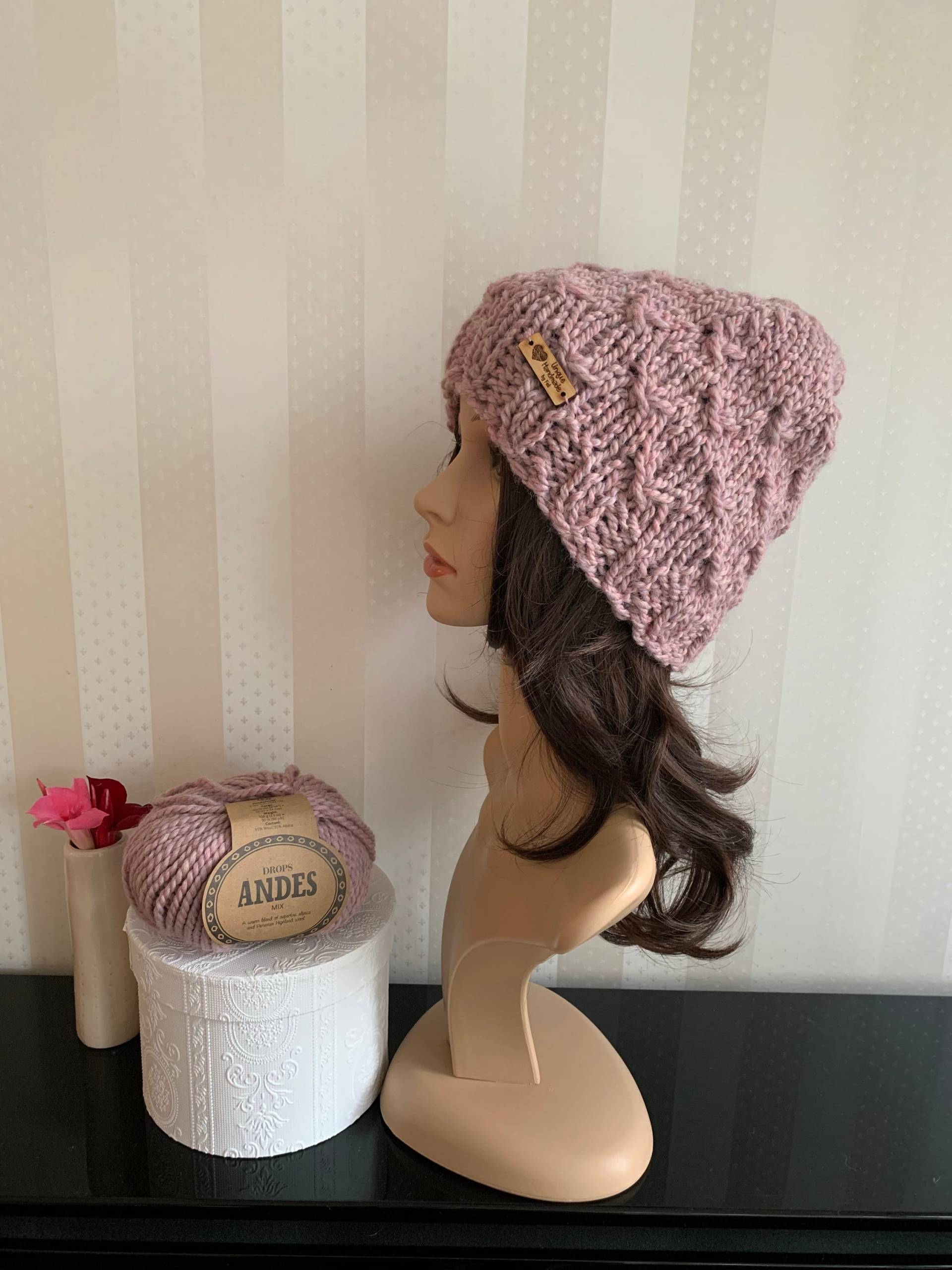 Mütze Alpaka Wolle, Misty Rose, Handgestrickt von UniqueHandmadebyFeli