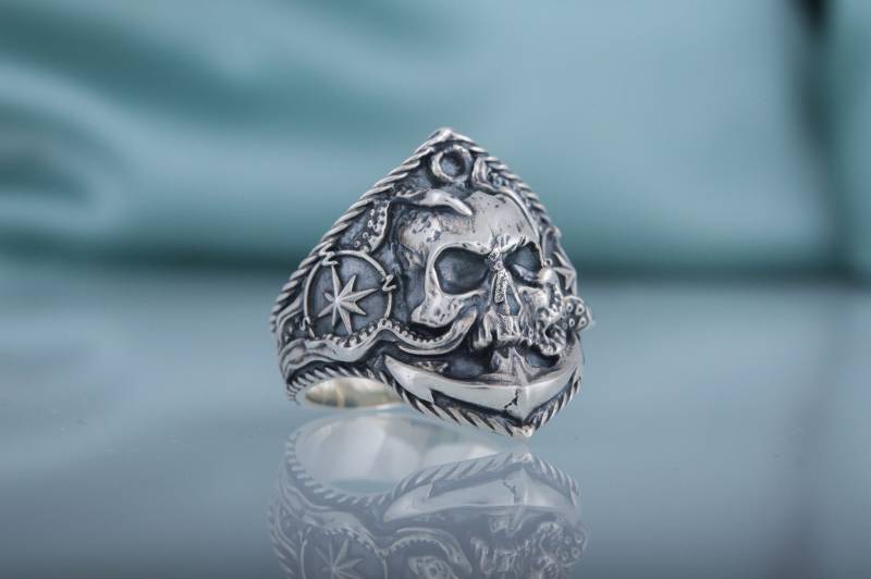 Piraten Totenkopf Seemann Silber Ring Mit Anker Und Kompass, Pirate Marine Massiv Signet Windrose Oktopus Sailor Skull von UniqueHistoryShop