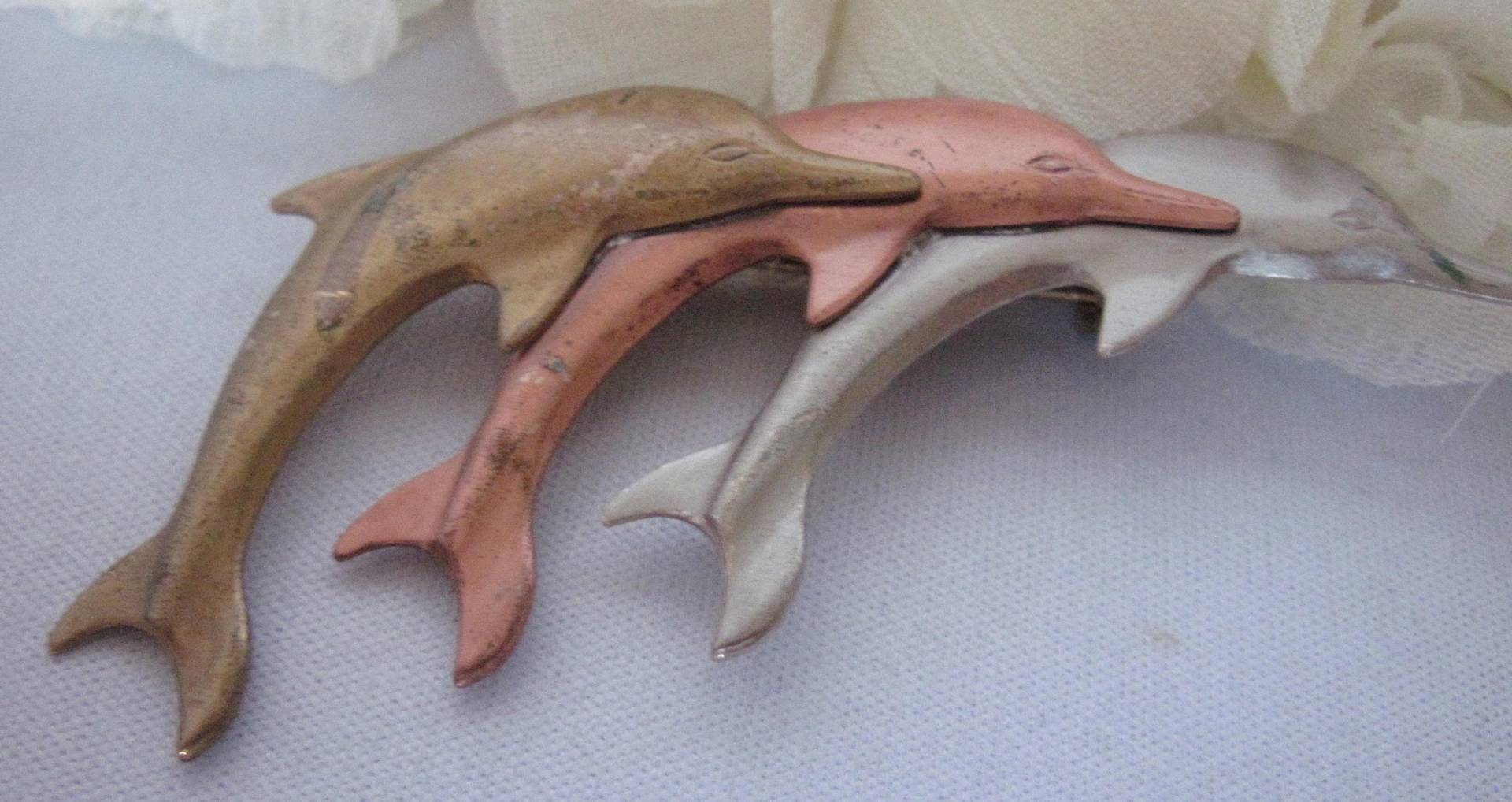 Jahrgang Tri Farbe Gold, Rotgold Und Silber 3 Drei, Tripple Delphin Fisch Broooh, Seefahrt, Strand Schmuck Sammler, Kostüm von UniqueJewelryFinds1