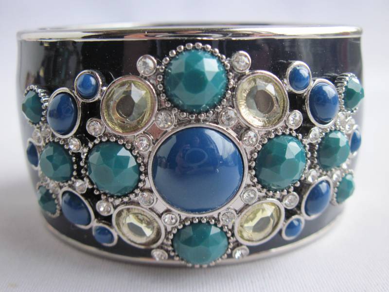 Vintage Unterzeichnet Banana Republik Br Breit Blauer Emaille Topas Türkis Strass Silber Scharnier Armreif Armband, Erklärung Stück, Trendy, Geschenk von UniqueJewelryFinds1