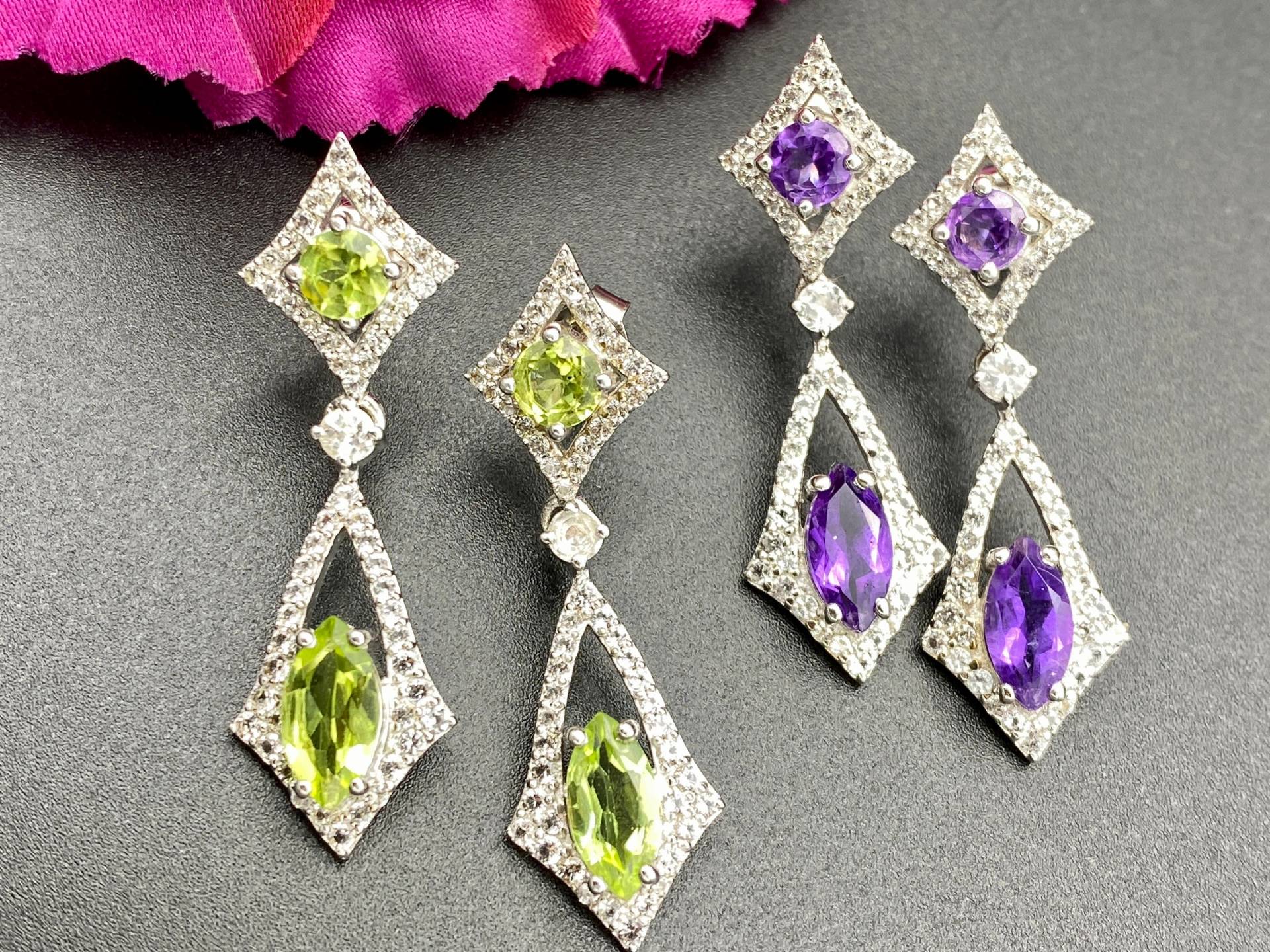 Diamant Form Baumeln Ohrstecker Amethyst Und Peridot Sterling Silber Ohrringe Für Frauen, Grüne Ohrringe, Lila von UniqueJewelsAndGems