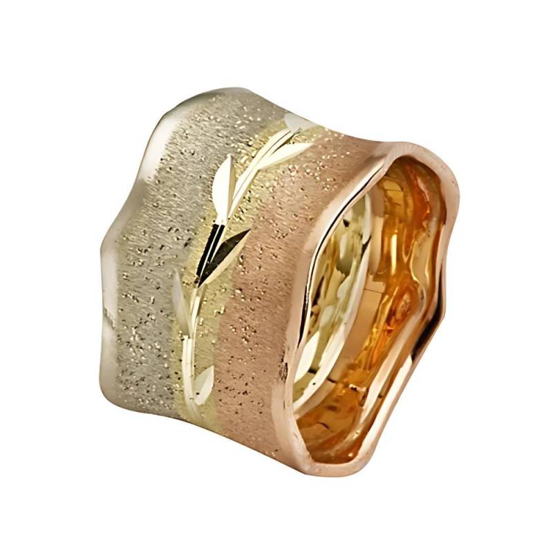 Blatt Ehering, Tricolor Solid 14K Gold Ring, Gewellter Breiter Ehering Aus Gebürstetem Mit Glänzendem Blattdesign von UniqueJewishJewelry
