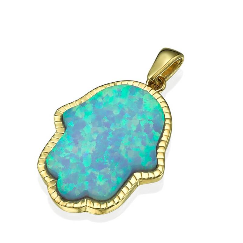 Blauer Opal Hamsa 14K Gold Anhänger, Gelbgold Gerippter Funkelnder Blauer Hand Aus Massivgold, Schutz Halskette von UniqueJewishJewelry