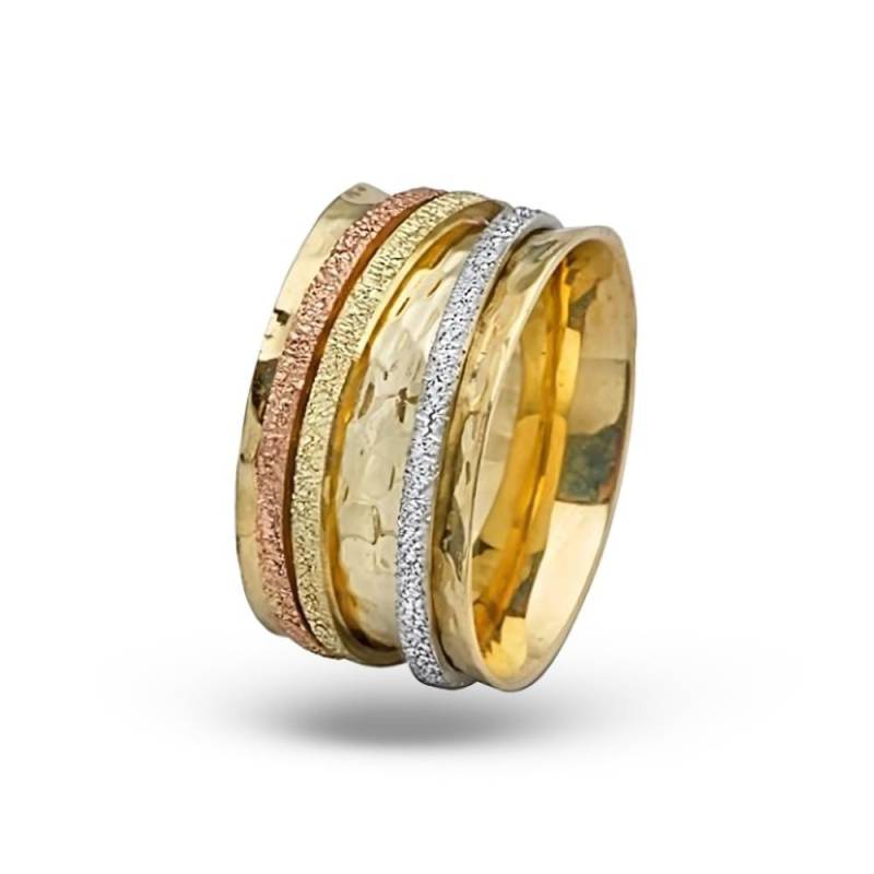 stardust Finish 3 Spinner Ehering, Gehämmerter Goldring, 14K Gold Tricolor Ring, Comfort Fit Ehering von UniqueJewishJewelry