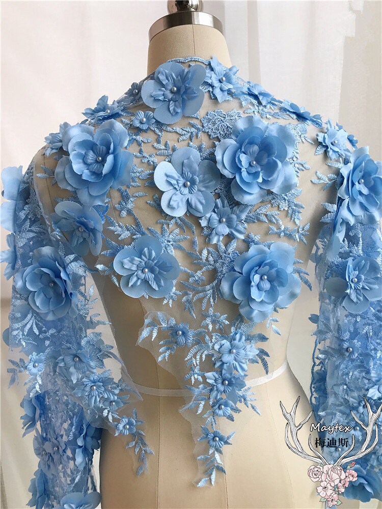 Blaue Große Applikation, Luxuriöse 3D Satinperle Bestickte Spitzenapplikation von UniqueLaceShop