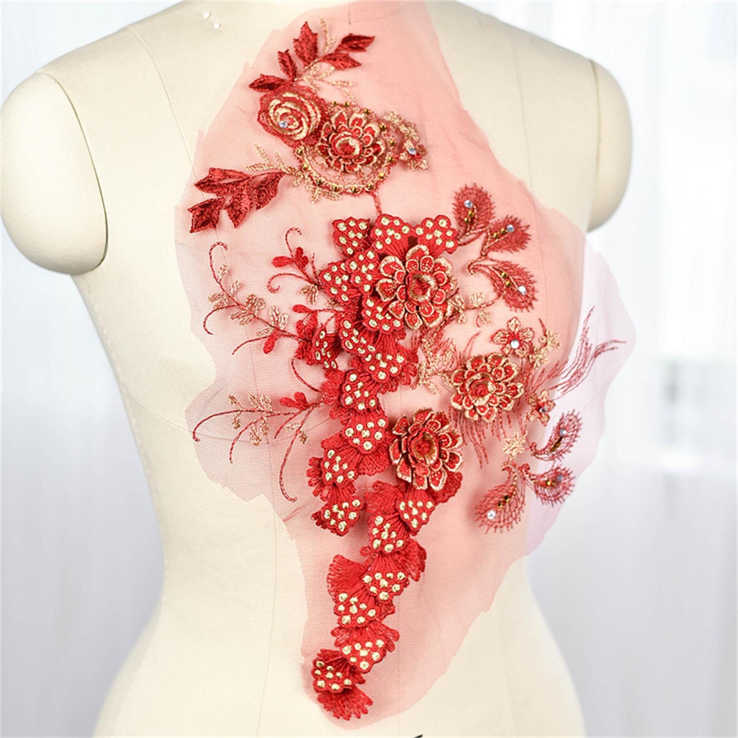 Sehr Zarte Rote 3D Handgemachte Heißbohrung Bestickte Spitzen Applikation, Verschönert Tanz, Brautkleid Sehr Zarte Rote 3D Handgemachte Heißbohrung Bestickte Spitzen Applikation, Verschönert Tanz, Brautkleid von UniqueLaceShop