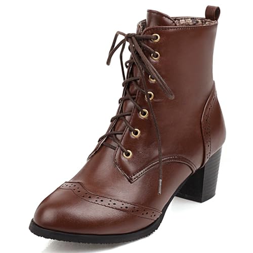 Damen Brogue Stiefeletten Schnürstiefel Ankle Bootie mit Chunky Blockabsatz Runde Zehen Schuhe, dunkelbraun, 40 EU von UniqueStride