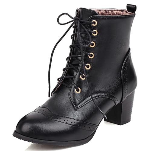 Damen Brogue Stiefeletten Schnürstiefel Ankle Bootie mit Chunky Blockabsatz Runde Zehen Schuhe, schwarz, 40.5 EU von UniqueStride