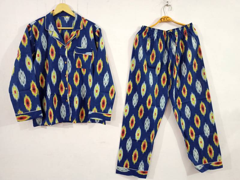 Blauer Ikat Print Aus Reiner Baumwolle Pyjama Set, Brautjungfer Frauen Pj Braut Pjs, Bachelorette Pyjamas, Nachtwäsche von Uniquecraftsfabric