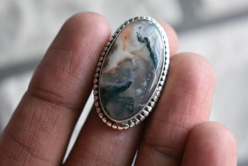 Natürlicher Moos Achat Ring-925 Silberring, Ovale Form Ring, Ring-Natürlicher Ring-Handgemachter Ring-Ring Für Frauen-Design Ring von UniquejewelryIndia