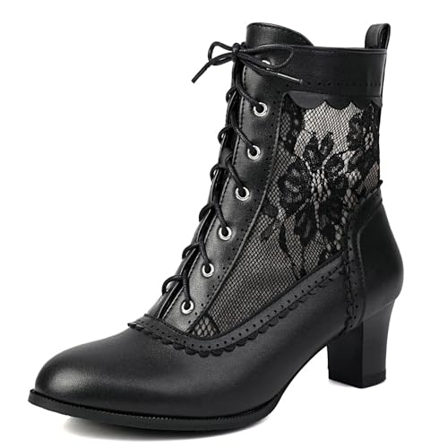 Uniquelly Viktorianische Vintage-Stiefel für Damen, Kätzchen-Absatz, Schnürstiefeletten, 70er-Jahre, Hexe, Oma-Stiefel, seitlicher Reißverschluss, runde Zehenpartie, viktorianische Schuhe, Schwarz Uniquelly Viktorianische Vintage-Stiefel für Damen, Kätzchen-Absatz, Schnürstiefeletten, 70er-Jahre, Hexe, Oma-Stiefel, seitlicher Reißverschluss, runde Zehenpartie, viktorianische Schuhe, Schwarz von Uniquelly