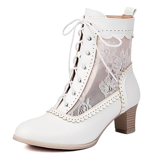 Uniquelly Viktorianische Vintage-Stiefel für Damen, Kätzchen-Absatz, Schnürstiefeletten, 70er-Jahre, Hexe, Oma-Stiefel, seitlicher Reißverschluss, runde Zehenpartie, viktorianische Schuhe, Weiß, Stil Uniquelly Viktorianische Vintage-Stiefel für Damen, Kätzchen-Absatz, Schnürstiefeletten, 70er-Jahre, Hexe, Oma-Stiefel, seitlicher Reißverschluss, runde Zehenpartie, viktorianische Schuhe, Weiß, Stil von Uniquelly