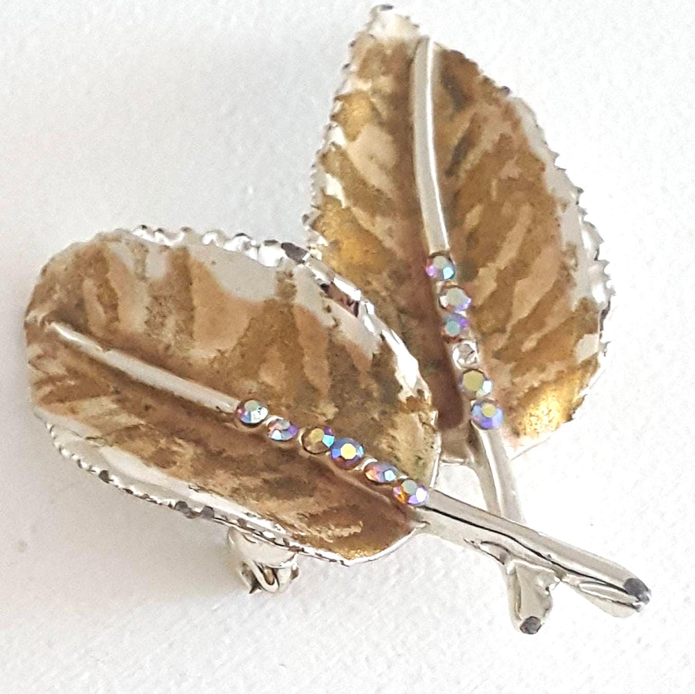 Bsk Vintage Emaille Strass Brosche, 1950 Antik Schmuck, Doppel Blatt Pin, Mode Modeschmuck, Herbst Braun Blumen Geschenk von UniquelyWiredBeads