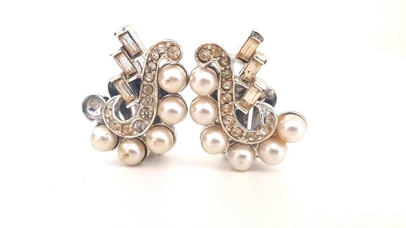 Signierte Mx Vintage Ohrclips, Faux Pearl Baguette Klarer Strass Modeschmuck, Hochzeit Braut Accessoire, Formelles Jahrestag Geschenk von UniquelyWiredBeads