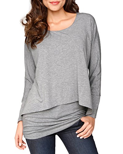 Uniquestyle Damen 2 in 1 Optik Langarmshirt Casual Tunkia Langarm Große Größen Longshirt Asymmetrisch Oberteil Top Shirt Grau S von Uniquestyle