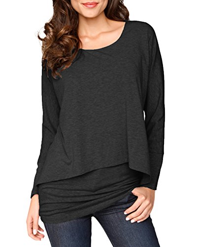 Uniquestyle Damen 2 in 1 Optik Langarmshirt Casual Tunkia Langarm Große Größen Longshirt Asymmetrisch Oberteil Top Shirt Schwarz M von Uniquestyle