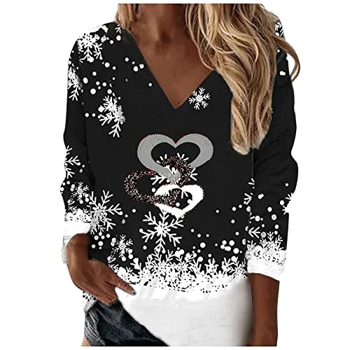 Uniqueunsame Longtops Damenen Ausgefallene Schule Festliche Longtops Oversize Bedruckt Rüschen Longtops Damen Coole Tailliertes Dünner V Ausschnitt Longsleeve Schwarz von Uniqueunsame