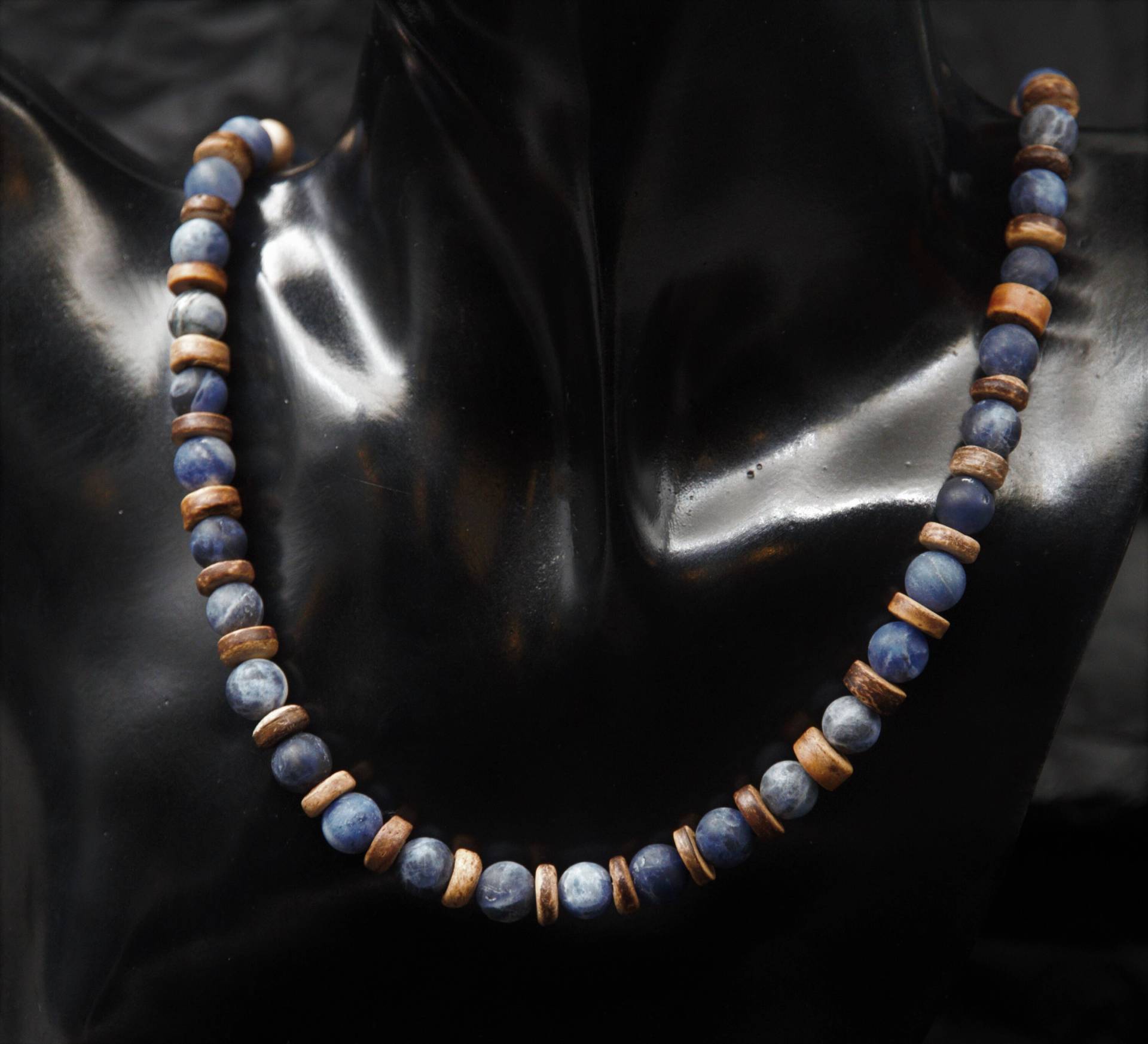 Blau Edelstein Perlenkette Herren Mit Holzperlen in Beige Braun Weihnachtsgeschenk Boho Modern von Uniquon