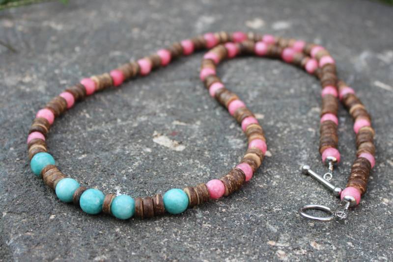 Boho Edel Stein Kette Jade Pink Türkisblau Mit Holzperlen Und Edelstahldraht Damen Herren Modern von Uniquon
