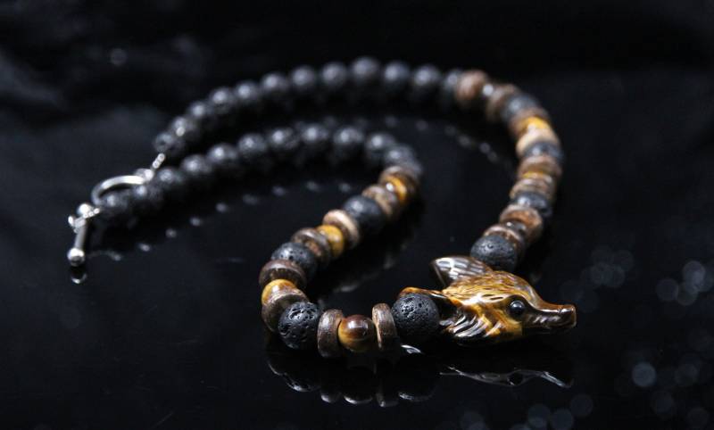 Boho Fuchskopf Kette Dame Tigerauge Lava Holz Perlenkette Wild Tier Naturschmuck von Uniquon