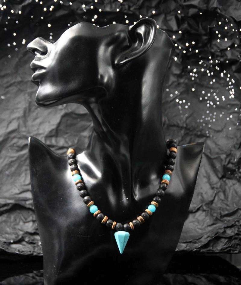 Boho Türkis Lava Halskette Holz Perlenkette Damen Herren Kurz Edelstein Anhänger Hochwertiger Schmuck Geschenk Unisex von Uniquon