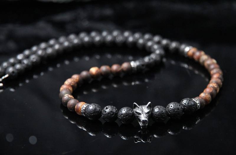 Wolf Halskette Herren Lava Stein Achat Perlen Boho Schmuck Wikinger Kette Männer Geschenk Naturstein Edelstahl Schwarz Braun Silb von Uniquon