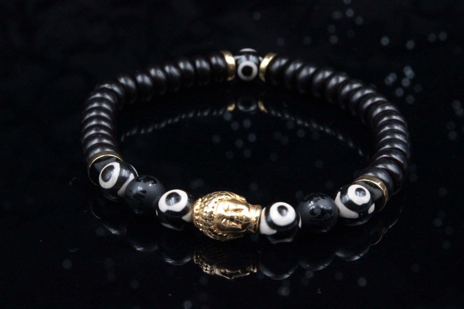 Buddha Armband Herren - Holz & Stein Schwarz Gold Stretcharmband Für Yoga Meditation von Uniquon