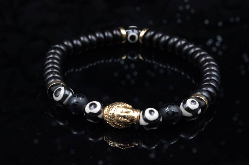 Buddha Armband Herren - Holz & Stein Schwarz Gold Stretcharmband Für Yoga Meditation von Uniquon