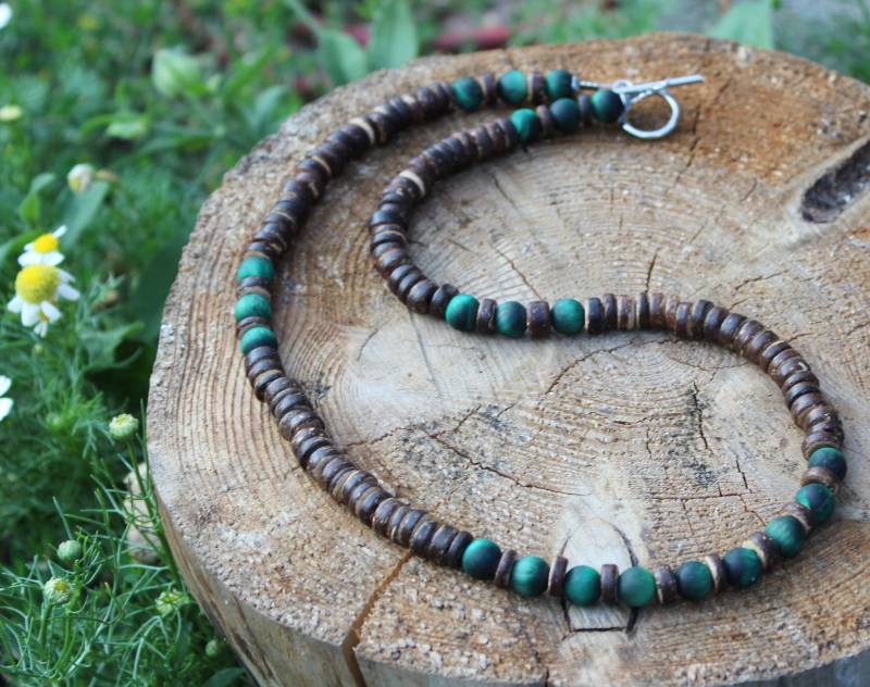 Echt Tigerauge Holz Perlenkette Mann Grün Braun Edelstahldraht Sommer Surfer Schmuck Geschenk Damen Oder Herren Halskette von Uniquon