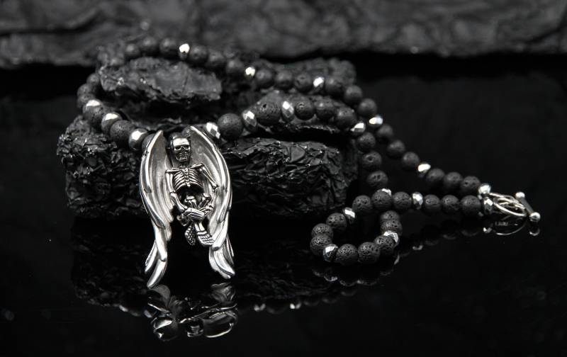 Edelstahl Totenkopf Halskette Engel Des Todes Anhänger Schwarz Lava Perlenkette Silber Hämatit Schmuck Für Männer Und Frauen von Uniquon