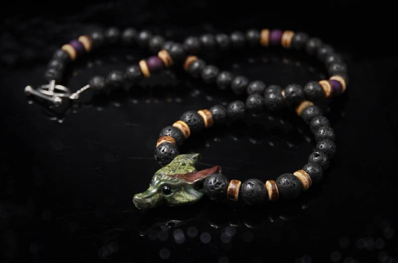 Edelstein Fuchs Halskette Frauen Lava Holz Perlen Kette Grün Schwarz Braun Boho Statement Tier Schmuck Geschenk Ostern von Uniquon