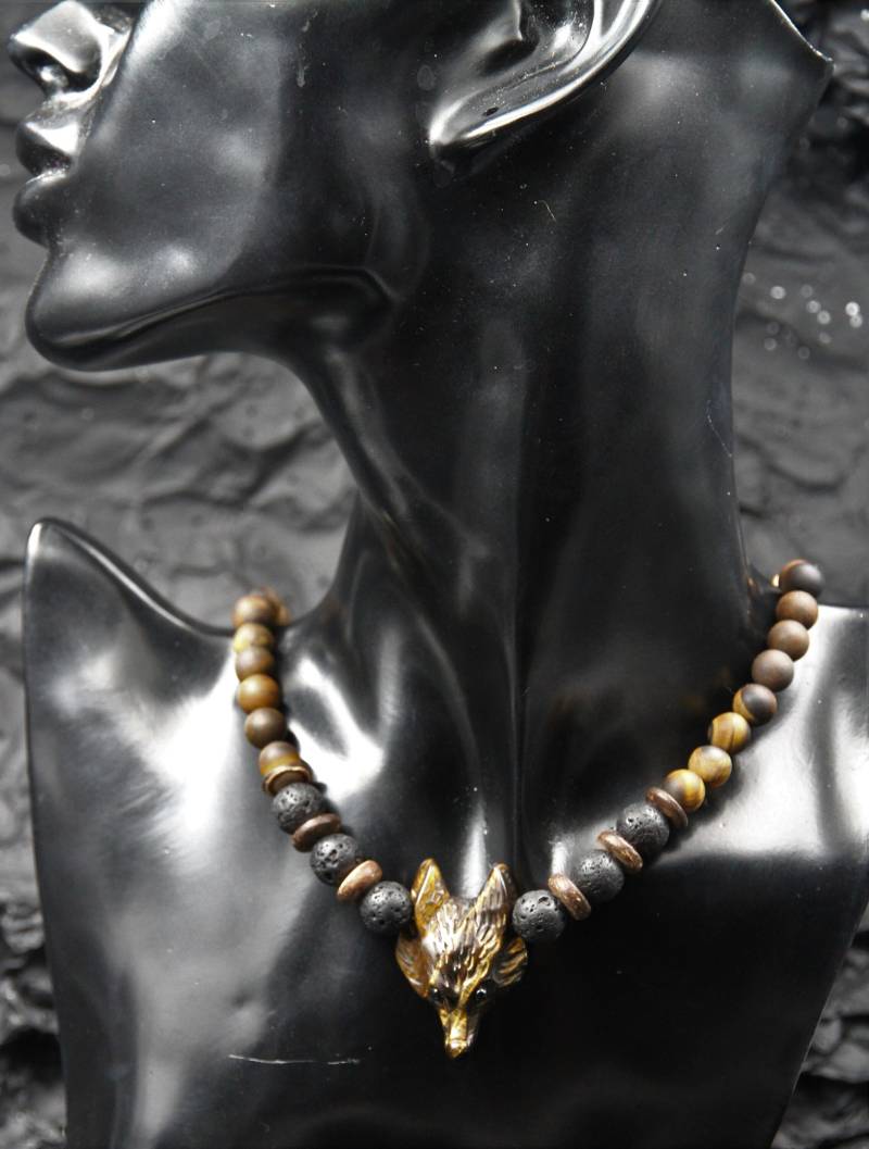 Fuchs Halskette Tigerauge Holz Lava Perlen Braun Schwarz Natur Und Edelstein Perlenkette Für Damen Boho Tier Schmuck Geschenk Freundin von Uniquon