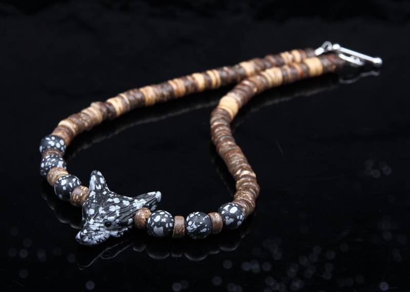 Fuchskopf Kette Holz Und Obsidian Perlen in Schwarz Graun Wild Tier Schmuck Für Damen Oder Herren von Uniquon