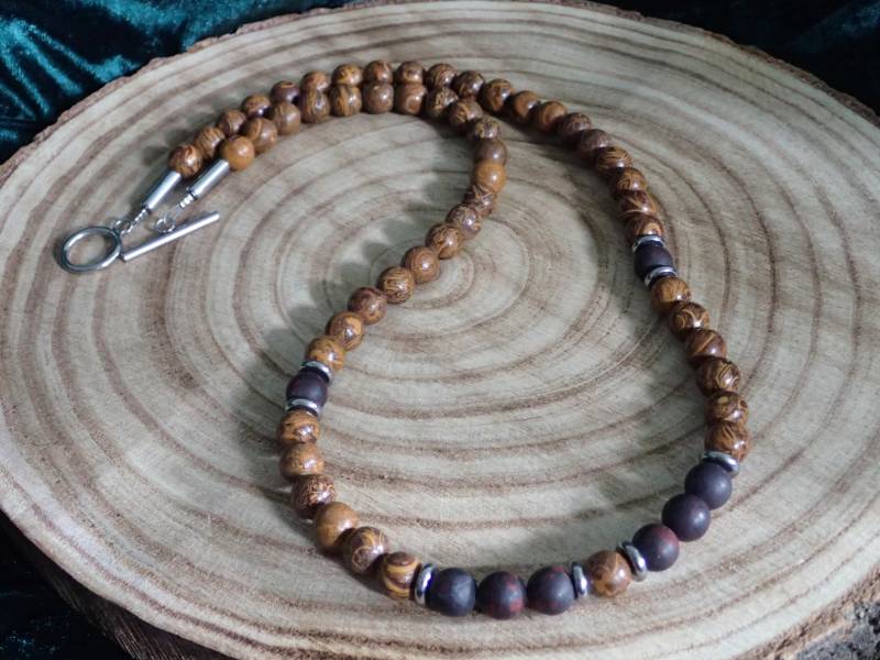 Herren Edelstein Kette Naturstein Musterstein Perlen Braun Edelstahl Schmuck Mit Stahl Spacern Echte Steinperlen Halskette Geschenk Männer von Uniquon