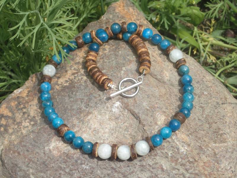 Herren Kette Mondstein Holz Perlen Blau Weiß Edelstein - Einzigartiger Boho Schmuck Für Sie Und Ihn Damen Oder von Uniquon