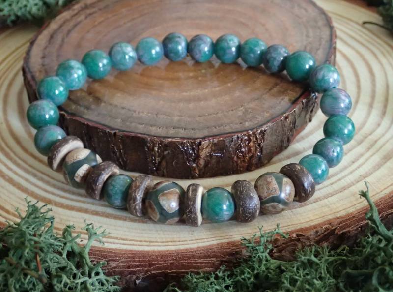 Herren Perlenarmband Jade Achat Grün Braun Hoz Tibet Naturschönheit Einzigartiges Stretcharmband Für Sie Und Ihn Freund Geschenk von Uniquon