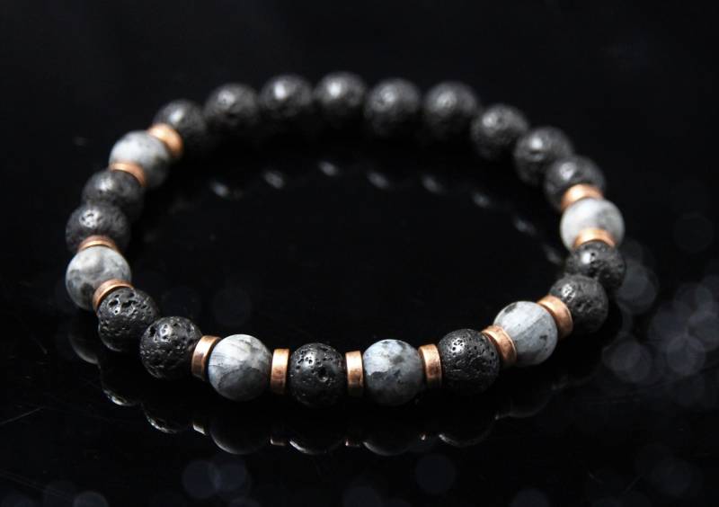 Lava Labradorit Kupfer Armband Herren Perlen Stretcharmband Schmuck Geschenk Edelstein von Uniquon
