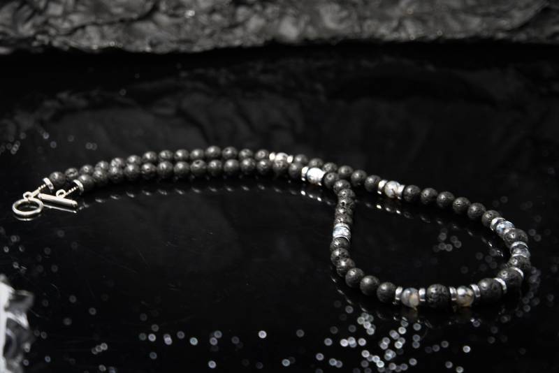 Herren Perlenkette Lavastein Hämatit Achat Edelstahl Silber Schwarz Naturstein Halskette Männer Und Frauen Besonderes Schmuck Geschenk von Uniquon