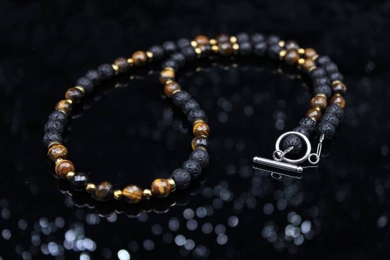 Lava Kette Tigerauge Hämatit Männer Damen Edelstahl Halskette Handgemachte Edelstein Mala Boho Chic Herren von Uniquon