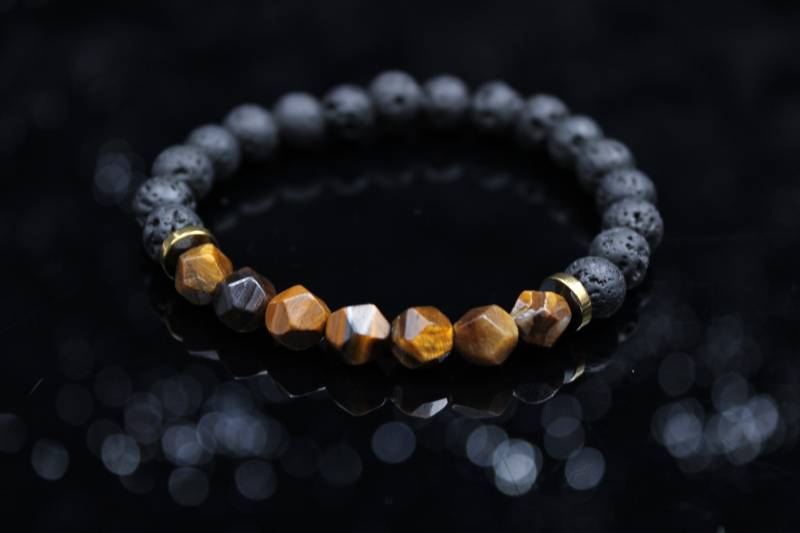 Lava Tigerauge Armband Herren Schwarz Braun Naturstein Edelstein Perlenarmband Elastisch Handgemacht Geschenk Männer Freund Stilvoll von Uniquon