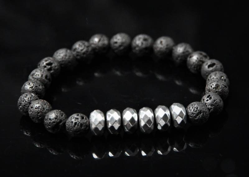 Lava Hämatit Armband Herren Perlen 10mm Facettiert Silber Schwarz Stretch 8mm Lavastein Männerschmuck Cool Edel Geschenk Freund von Uniquon