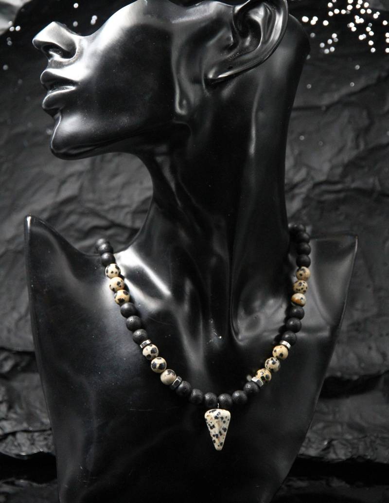 Schwarz Lava Perlen Halskette Männer Frauen Beige Jaspis Anhänger Edelstein Kurz Boho Schmuck Für Sie Und Ihn von Uniquon