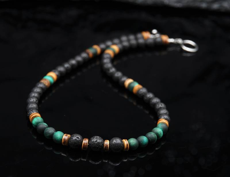 Surfer Halskette Männer Grün Tigerauge & Schwarz Lava Stein Holz Perlen Boho Schmuck Handgefertigt Geschenk Für Sie Ihn Und von Uniquon