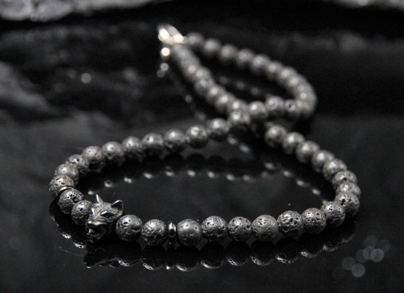 Wikinger Tier Wolf Perlenkette Herren Schwarz Echter Lavastein Wild Schmuck Für Männer von Uniquon